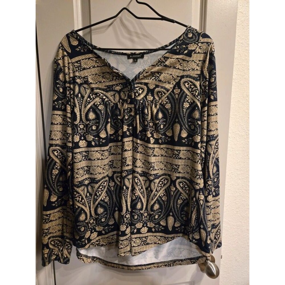 Large a.Jesdani Dark blue/tan pattern long  sleeve top 9